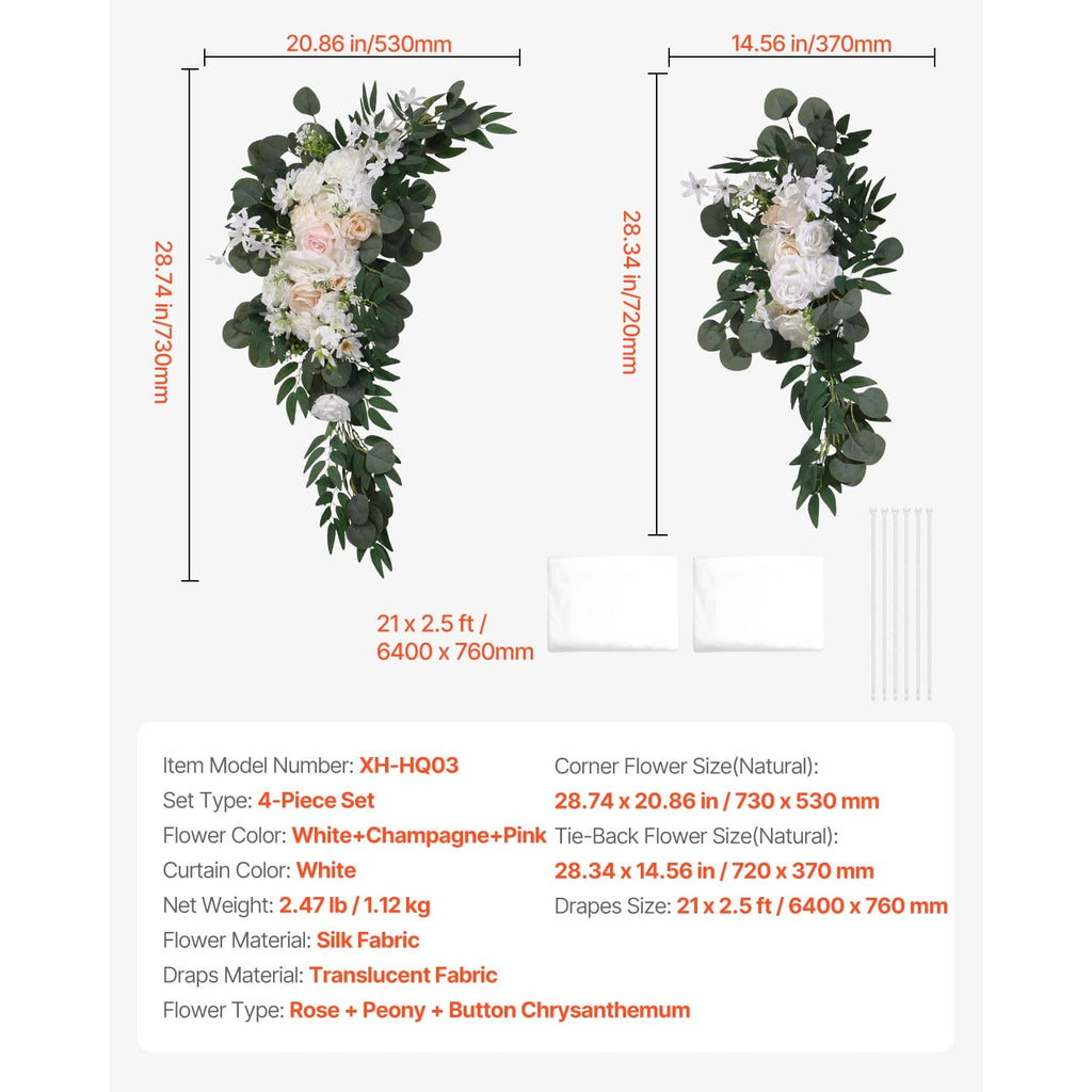Wedding arch flowers kit contents: two floral garlands and white drape fabric panels