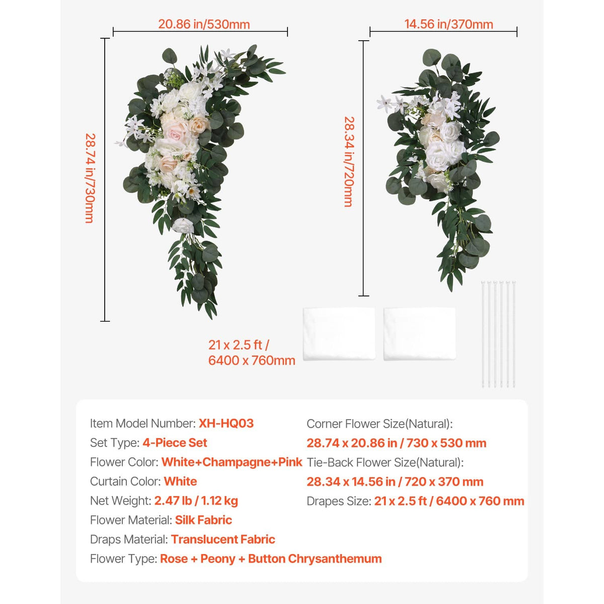 Wedding arch flowers kit contents: two floral garlands and white drape fabric panels