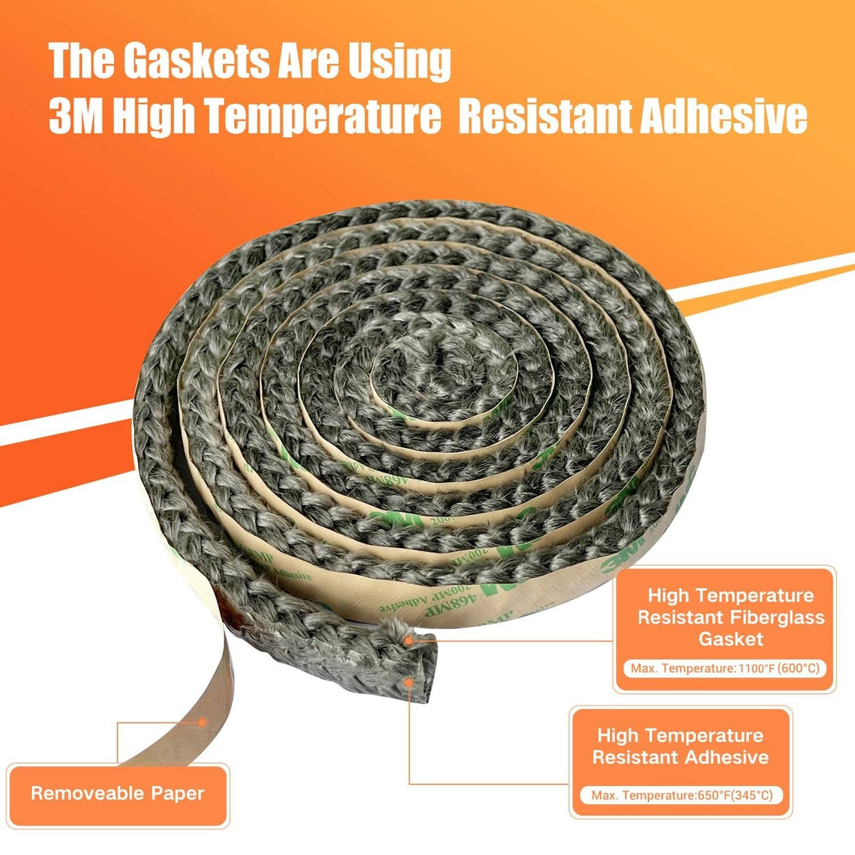 Gray fiberglass flat gasket roll with adhesive backing and product labeling