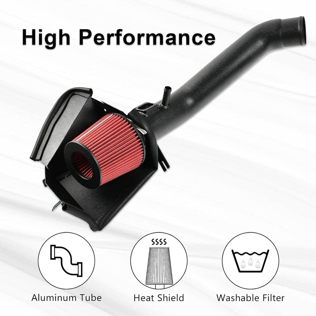 Cold air intake air filter box with red pleated filter and black intake tube