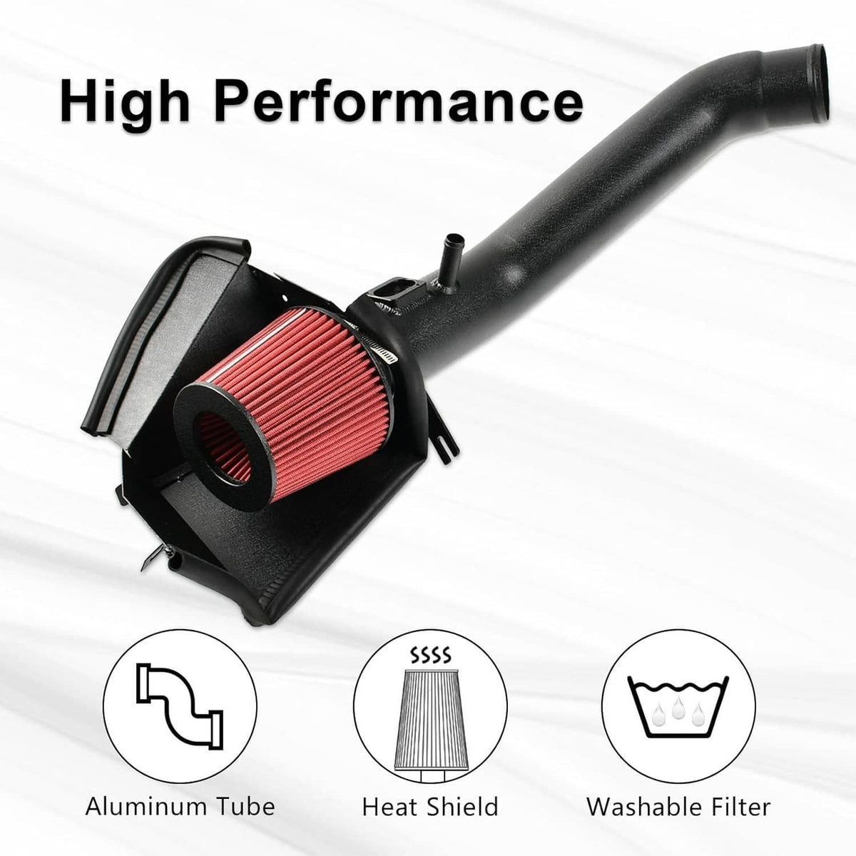 Cold air intake air filter box with red pleated filter and black intake tube