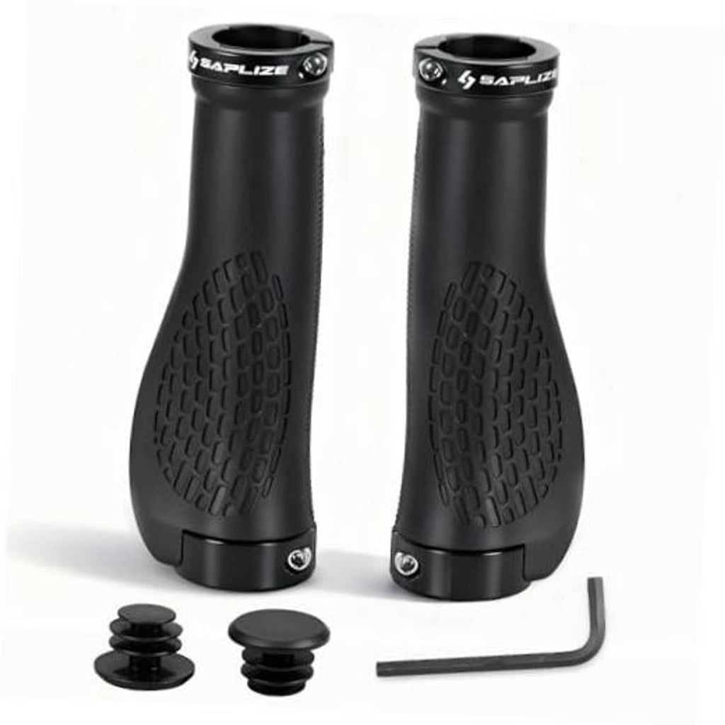 Black ergonomic bike handlebar grips with textured rubber and plastic end caps