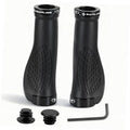 Black ergonomic bike handlebar grips with textured rubber and plastic end caps