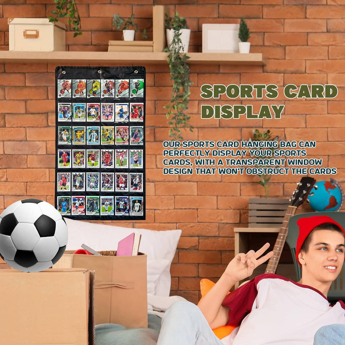 Black sports card hanging display bag filled with baseball cards