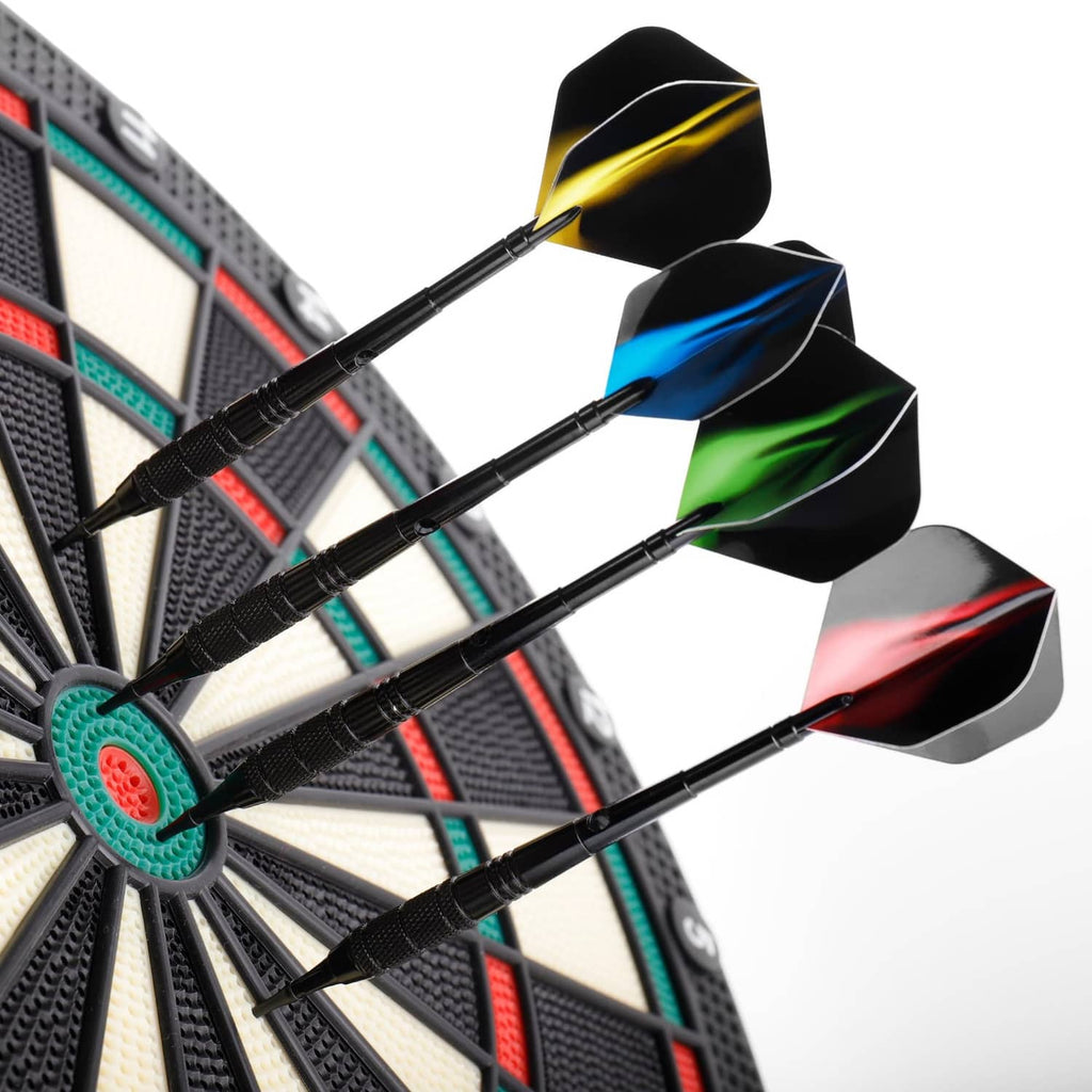 Four black soft tip darts with colored flights and a plastic flight shape