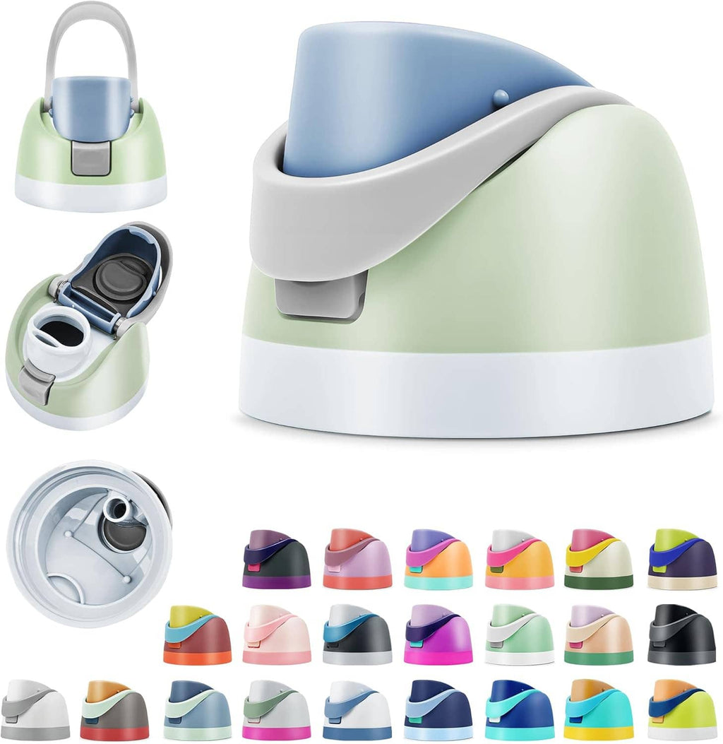 Replacement bottle lid with flip top, blue cap and green/white body, open and closed views
