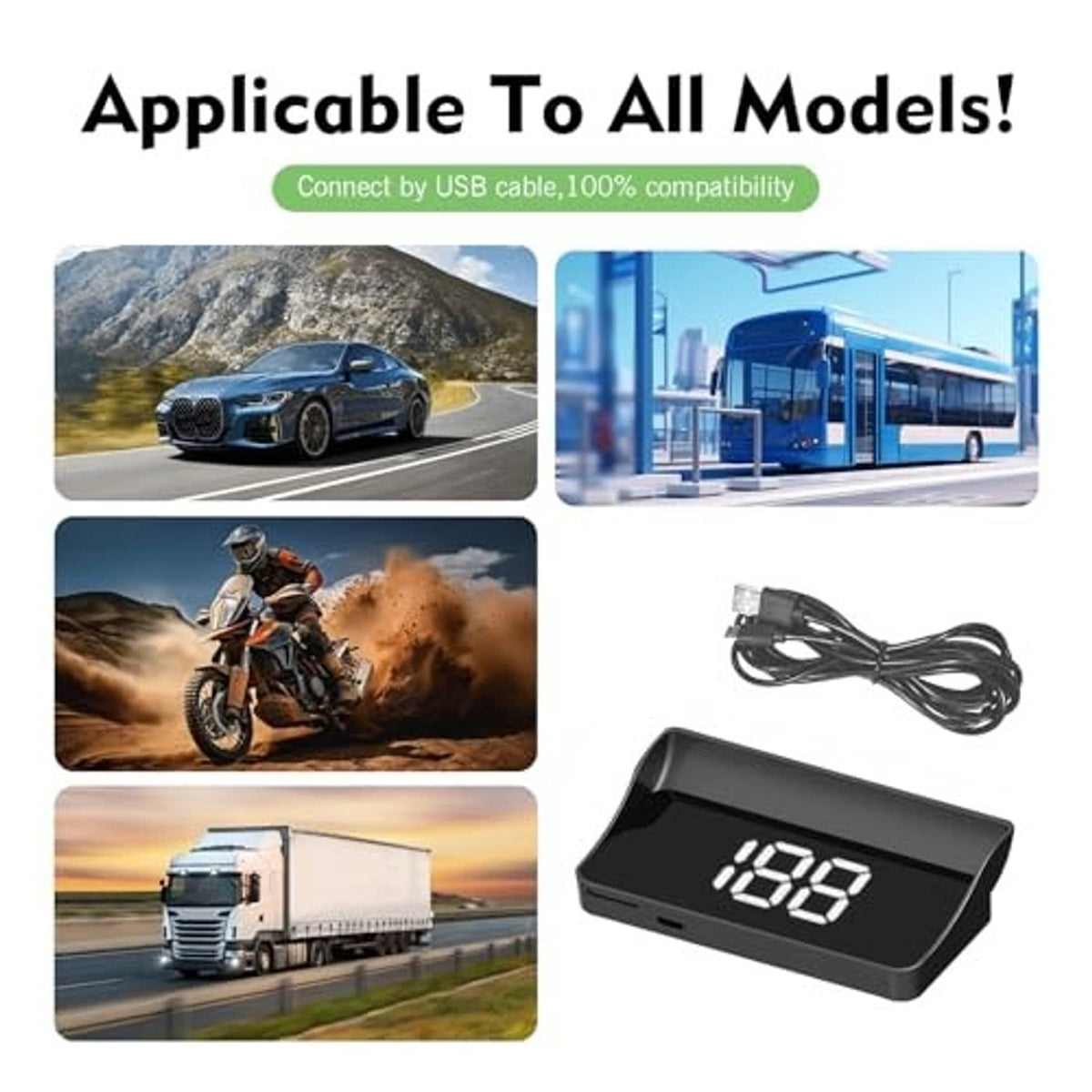 Car heads-up display speedometer unit with dark screen and connected cable