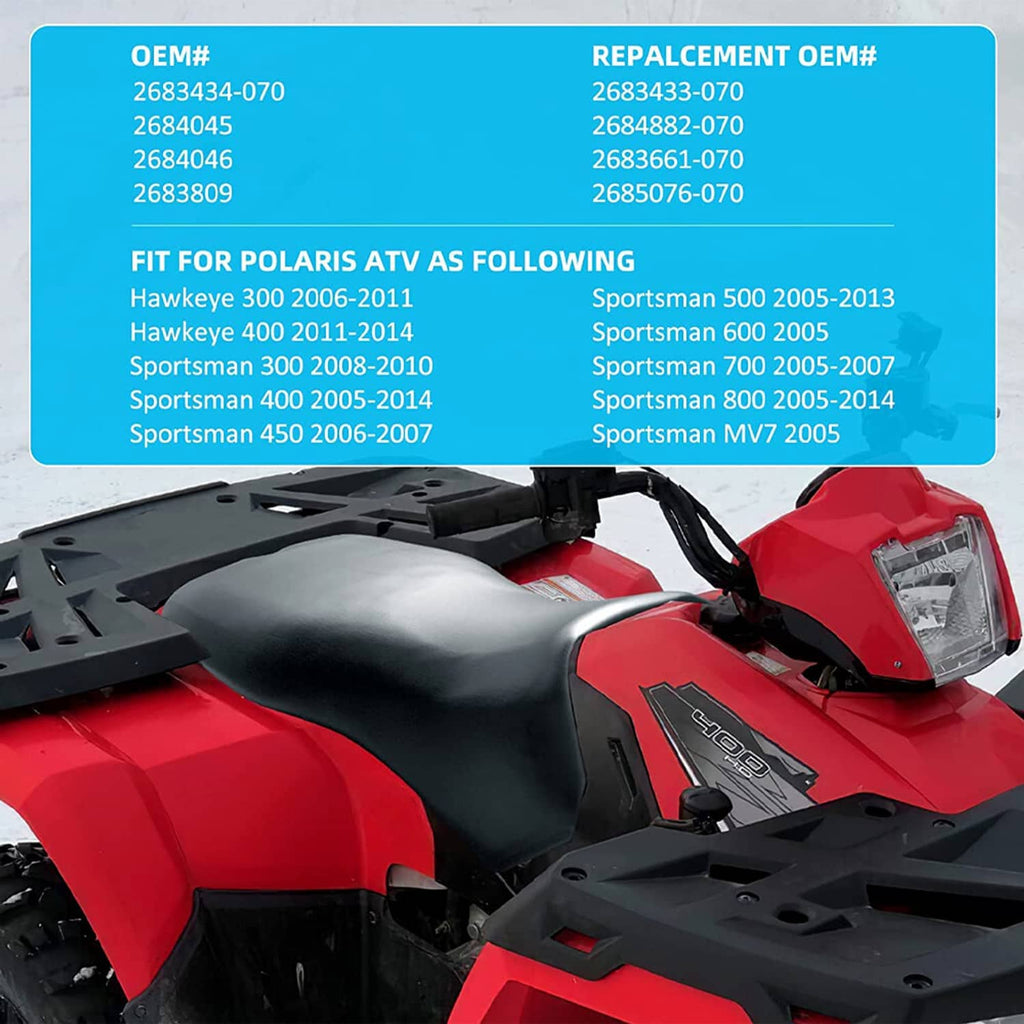 Black ATV seat installed on a four-wheeler, contoured cushion shape