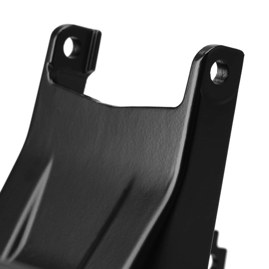 Close-up of black mounting bracket stay with reinforced side tabs and holes