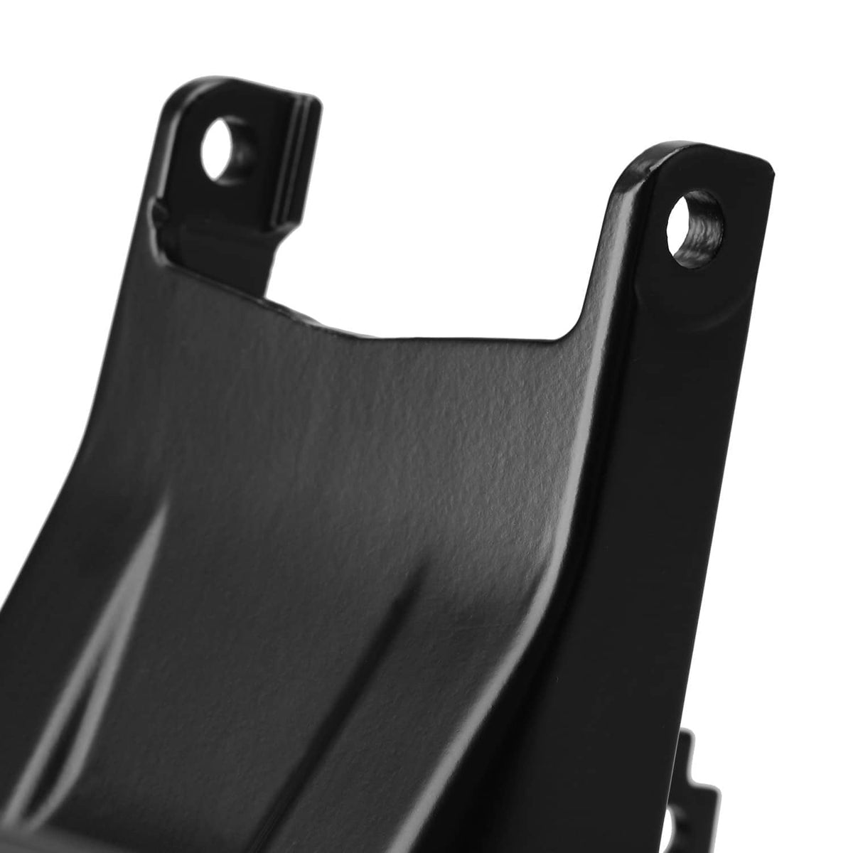 Close-up of black mounting bracket stay with reinforced side tabs and holes