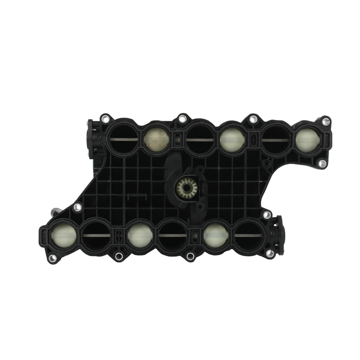 Black intake manifold gasket plate with multiple circular ports and mounting holes