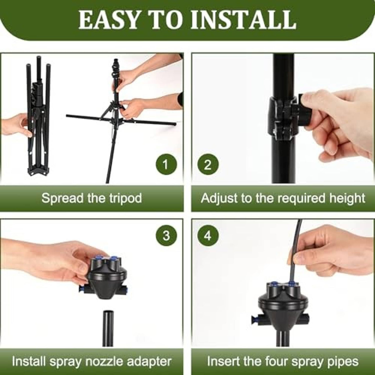Outdoor misting system installation showing tripod setup and spray nozzle connector