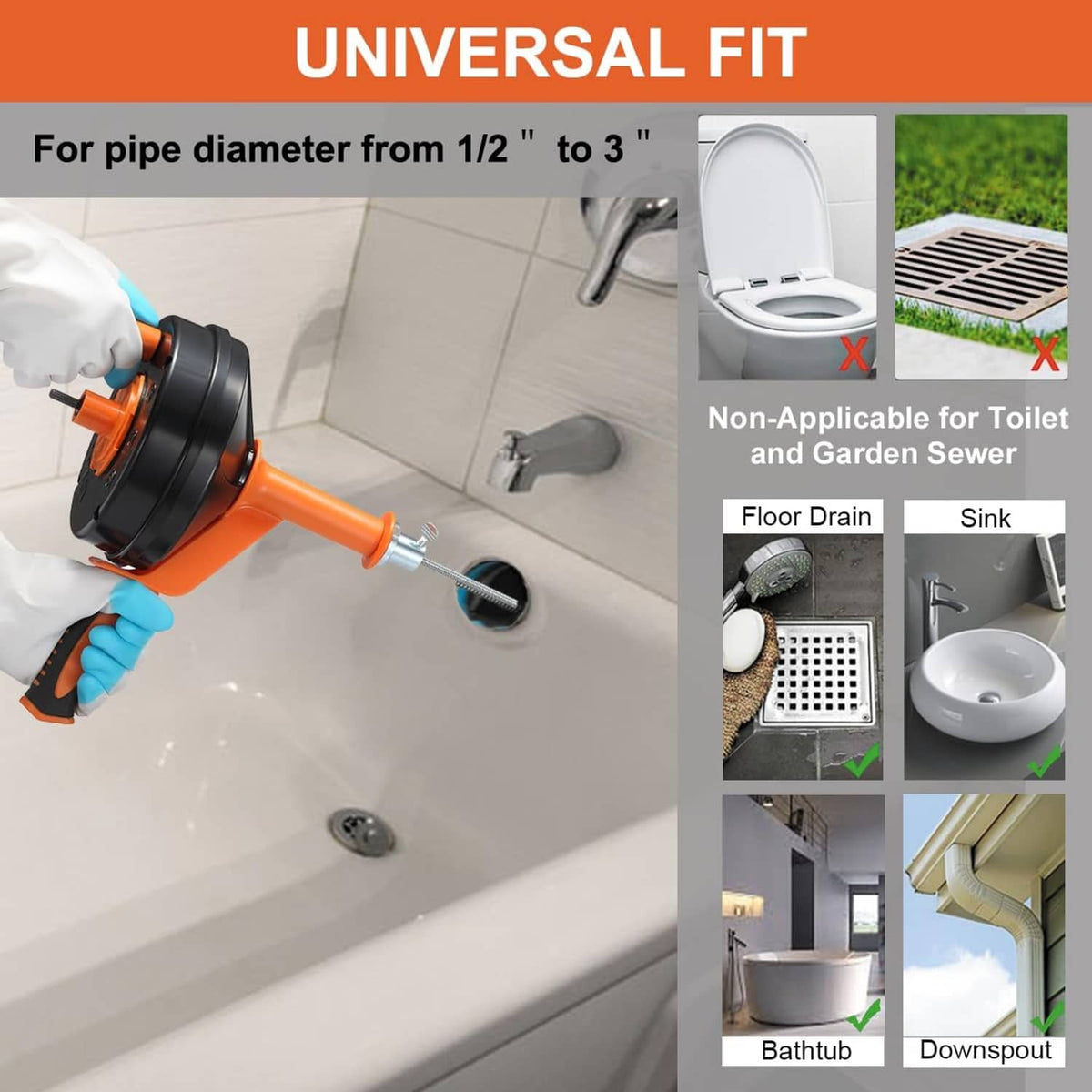 Drain auger with drill adapter, orange/black drum and flexible steel cable near drain.