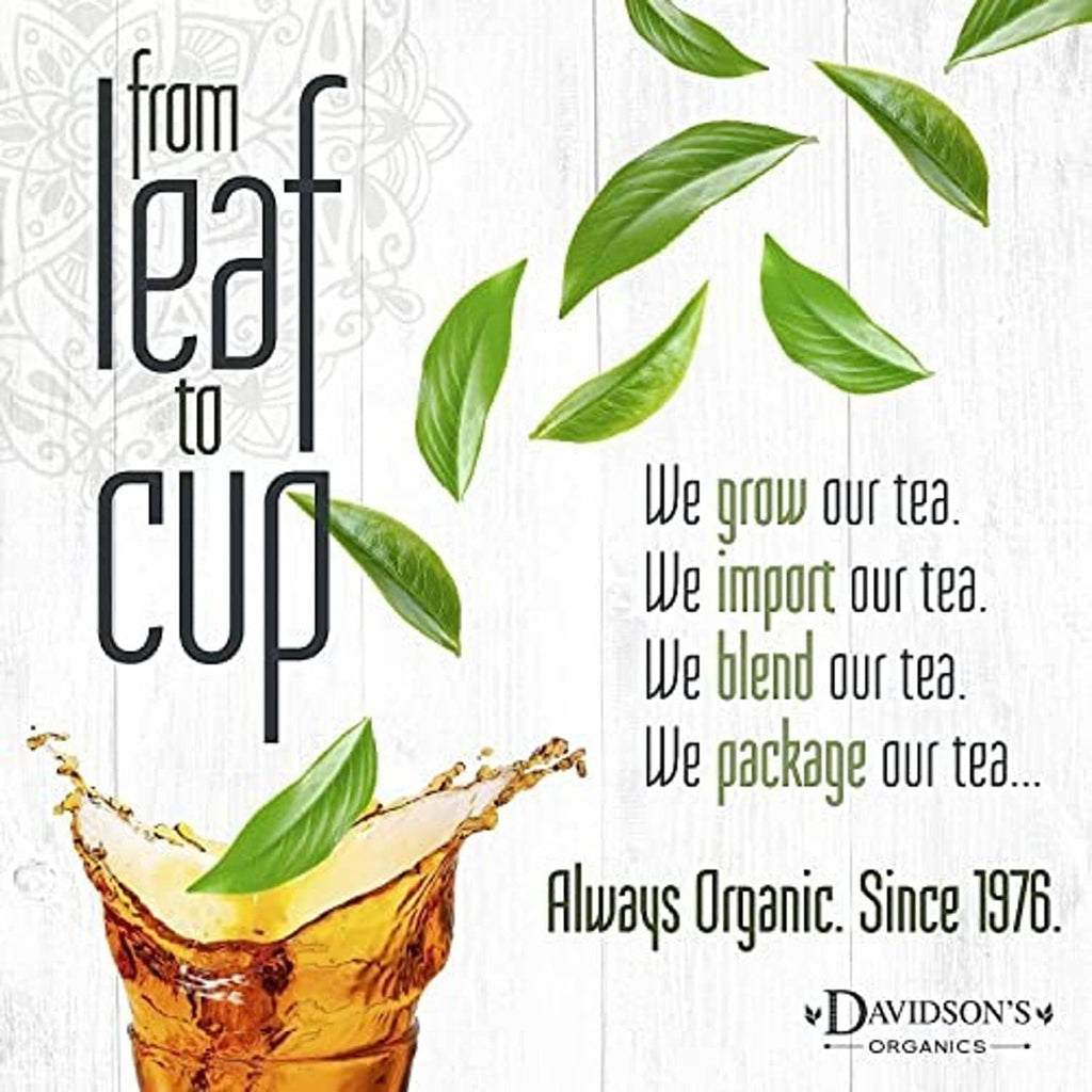 Organic tea branding card with green leaves and glass cup; Davidson's Organic logo