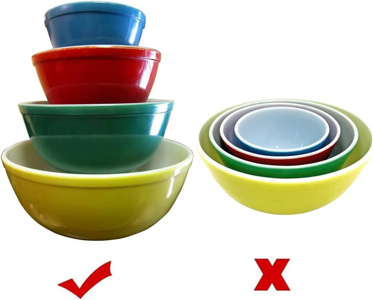 Stackable bowl risers set with colorful bowls on tiered bases in teal, red, and yellow