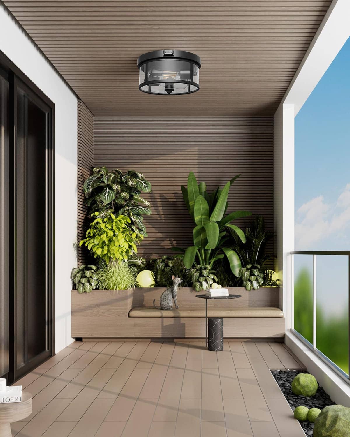 Outdoor porch ceiling light with motion sensor glowing under the covered entryway