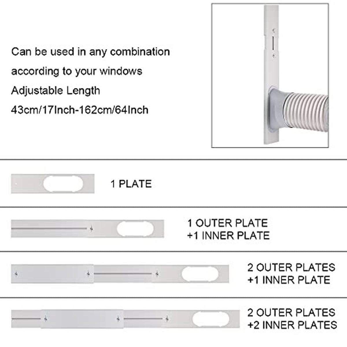 Adjustable window kit plates and white exhaust hose section, plus component plate set