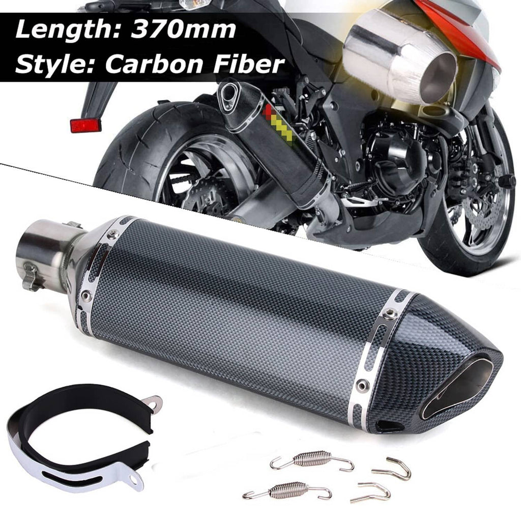 Motorcycle exhaust muffler pipe with carbon fiber sleeve, chrome outlet, and hardware