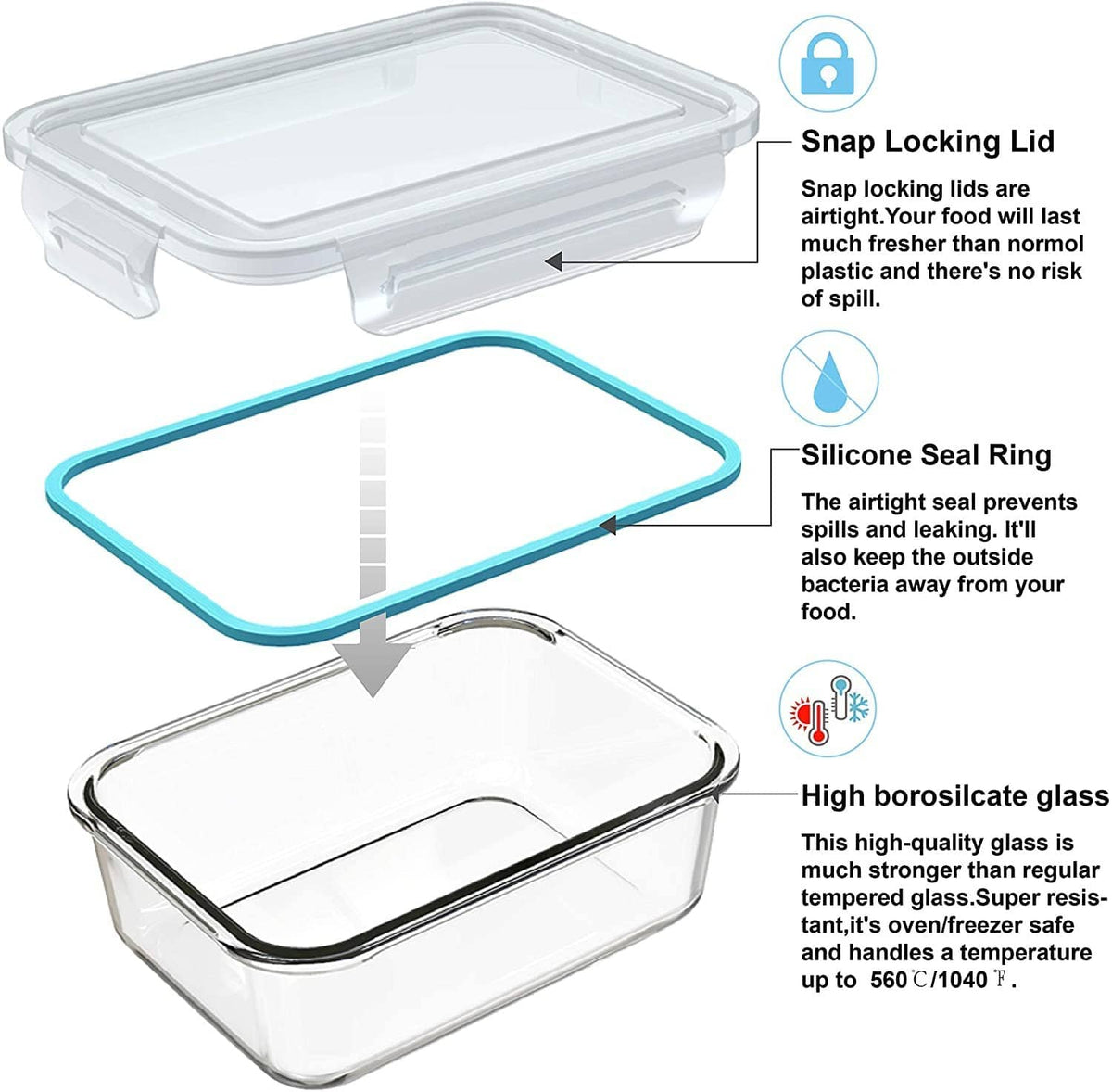Rectangular clear glass meal prep container with snap-lock lid and silicone seal