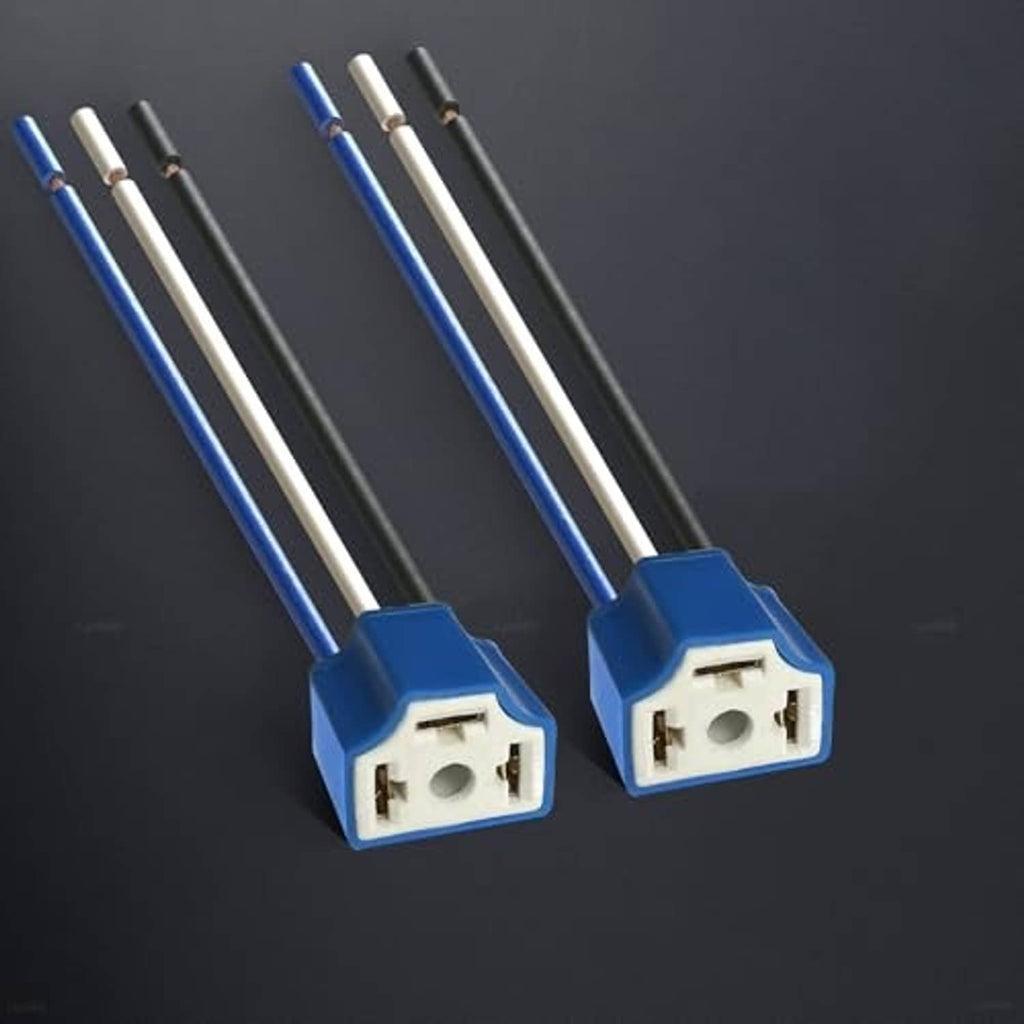 H4 headlight socket wiring harness, two blue connector pigtails with white ceramic inserts