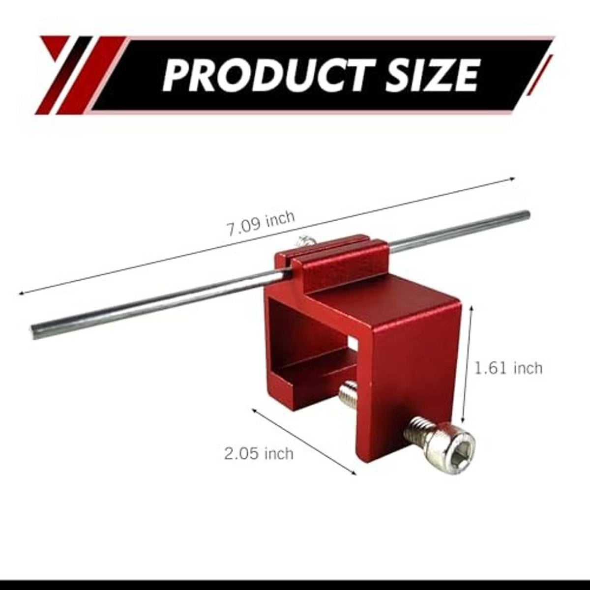 Red metal chain straightener with long silver bar and screw clamp, side view