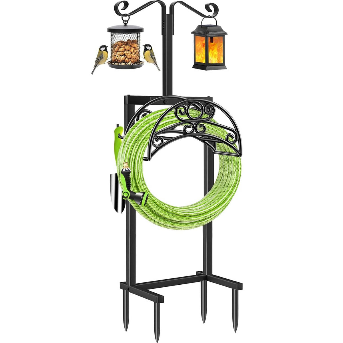 Black metal garden hose holder with green coiled hose and arched hook frame