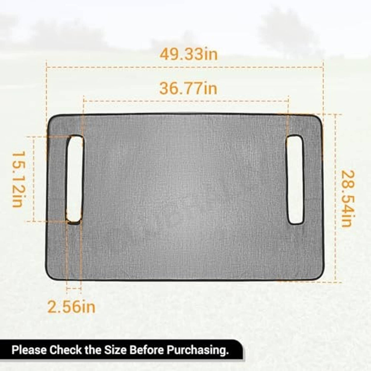 Gray seat cover blanket template with side openings, two carry handles