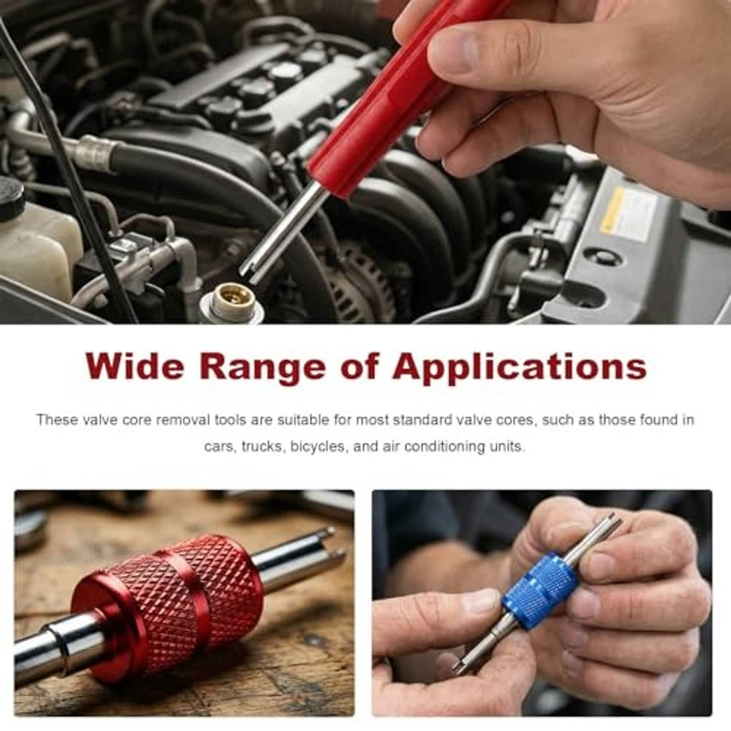 Hand using red A/C valve core remover on an engine bay air conditioning valve