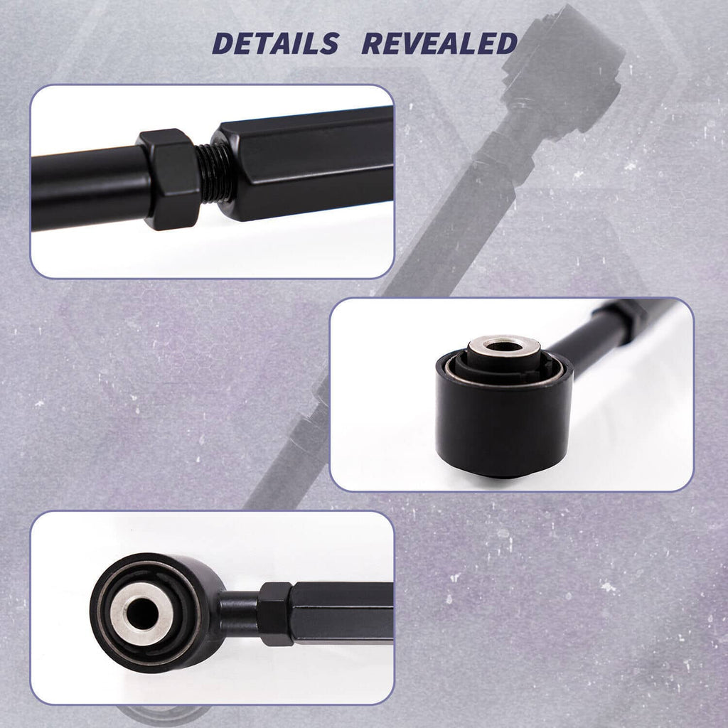 Camber arm end details: black rod coupler, bushing housing, and circular bushing insert