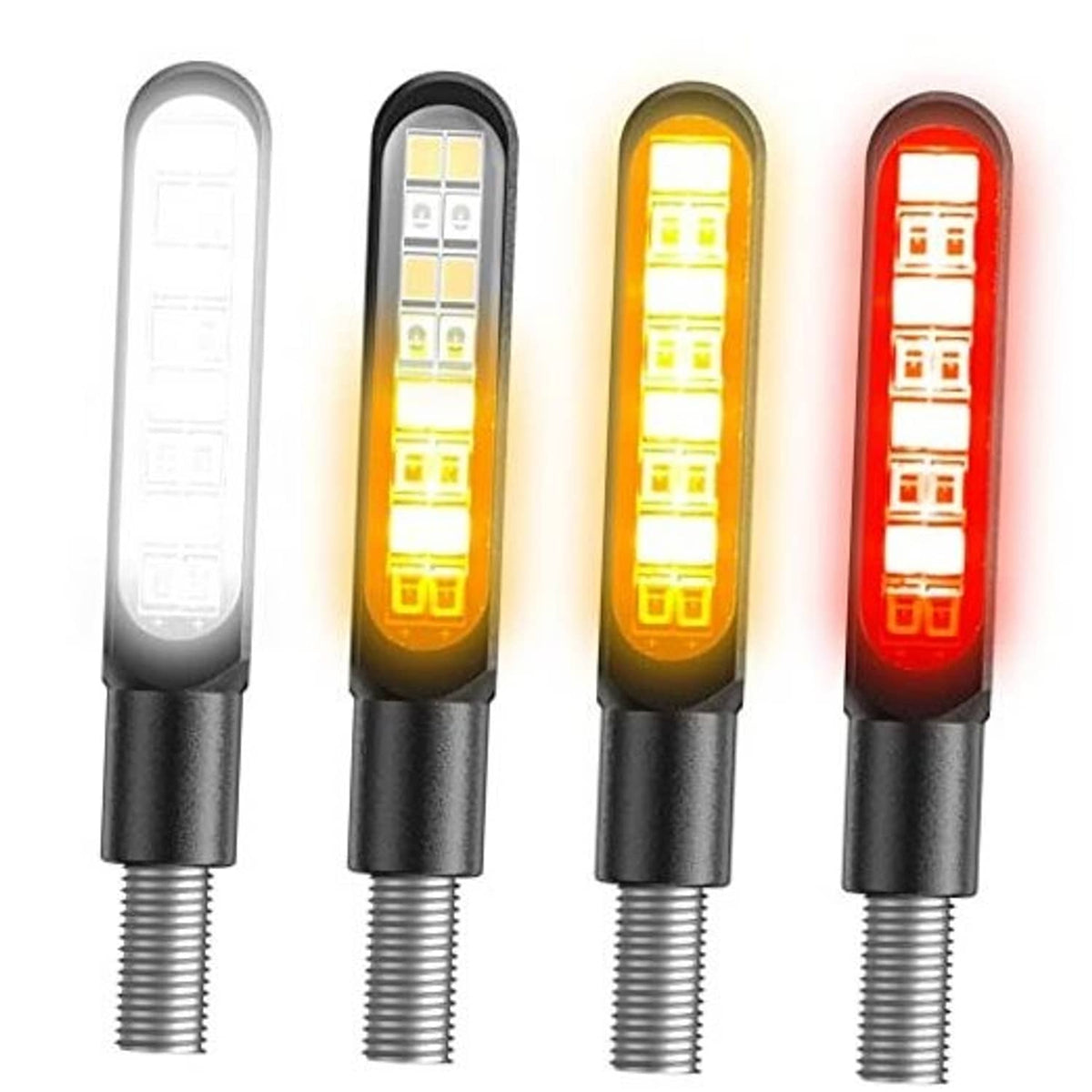 Four LED indicator lights in translucent covers showing white, amber, and red modes