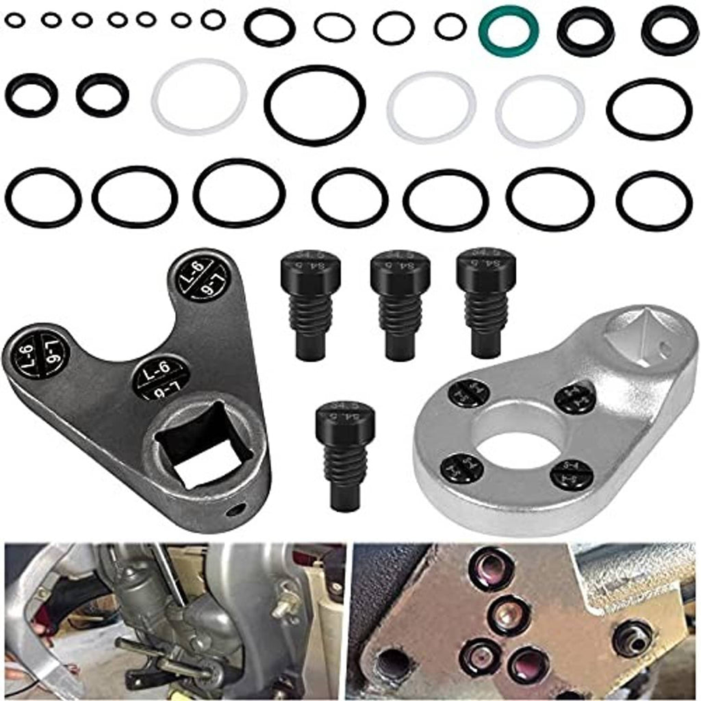 Outboard trim tilt pin wrench with silver head, black pins, and multiple pin washers