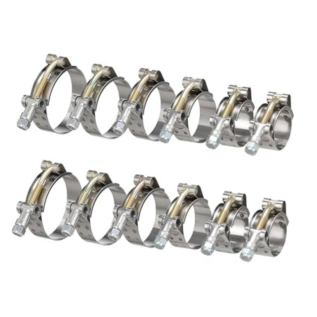 Set of stainless steel T-bolt hose clamps, multiple sizes with gold band screws