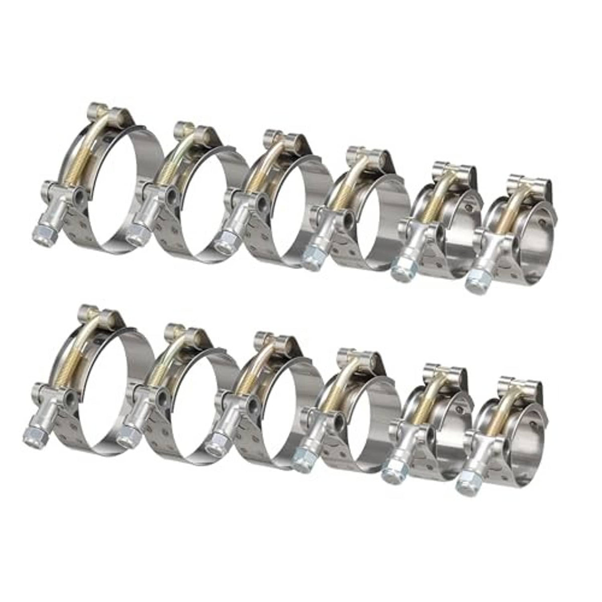 Set of stainless steel T-bolt hose clamps, multiple sizes with gold band screws