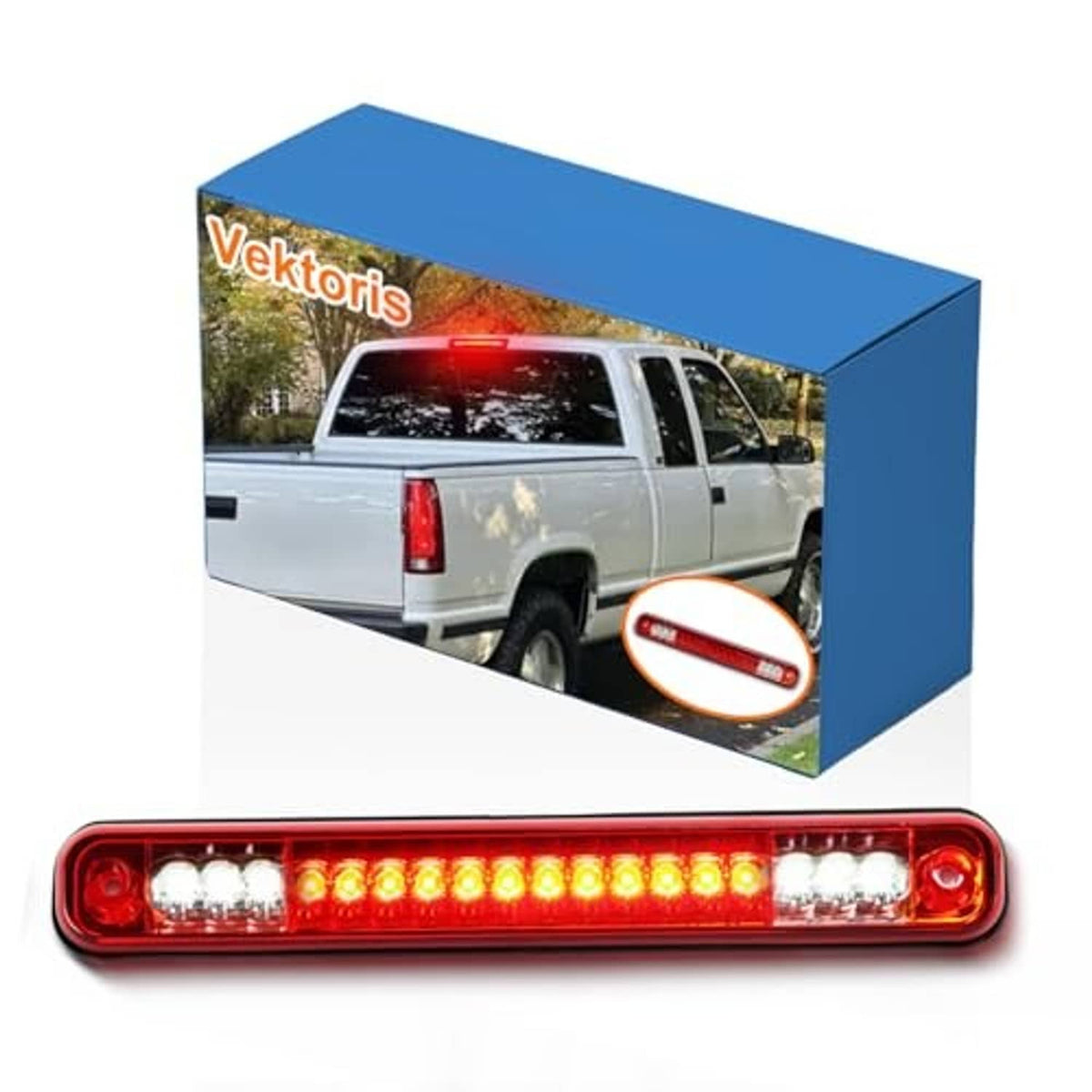 LED third brake light bar with red housing, amber LED strip, and clear bulb clusters