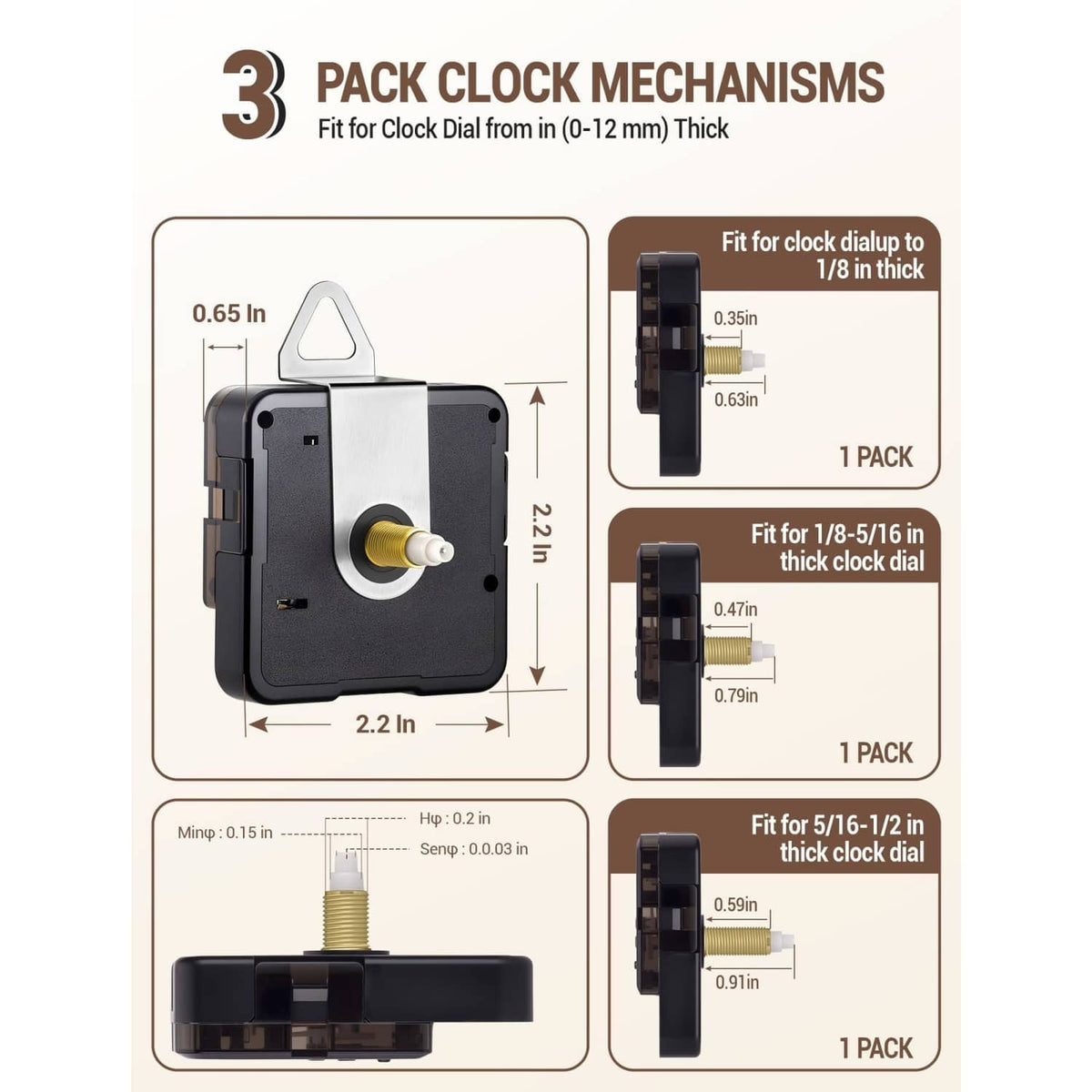 3 clock mechanism replacement parts with mount dimensions for different dial thicknesses