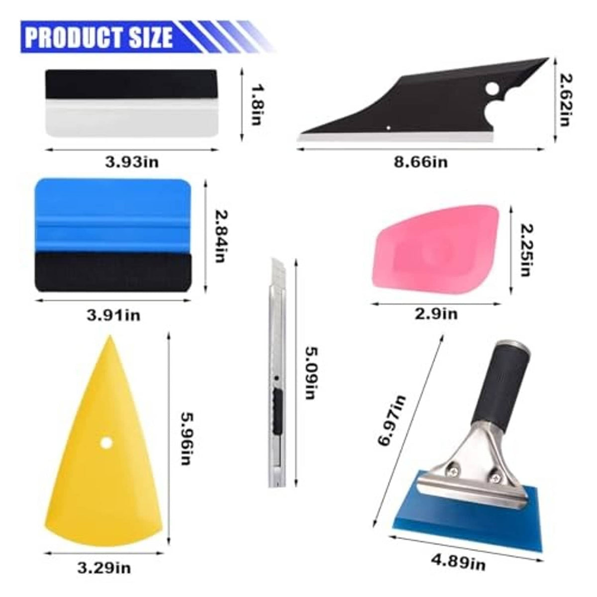 Window tint kit with blade sizes diagram, adhesive strips, squeegee handle, and dimensions