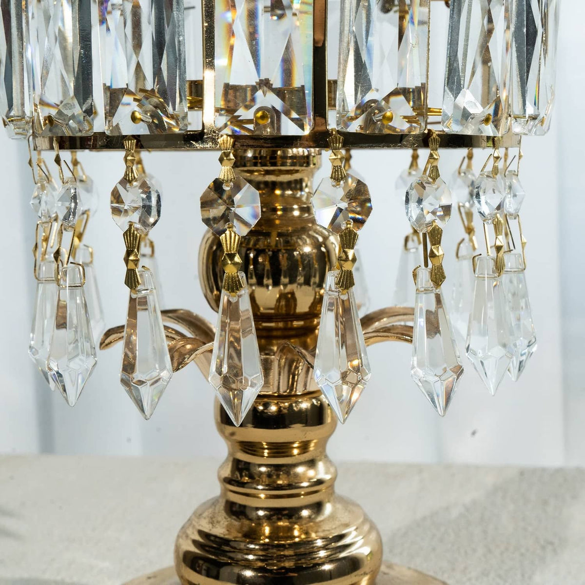 Clear crystal chandelier drop connectors with gold caps and faceted hanging prisms