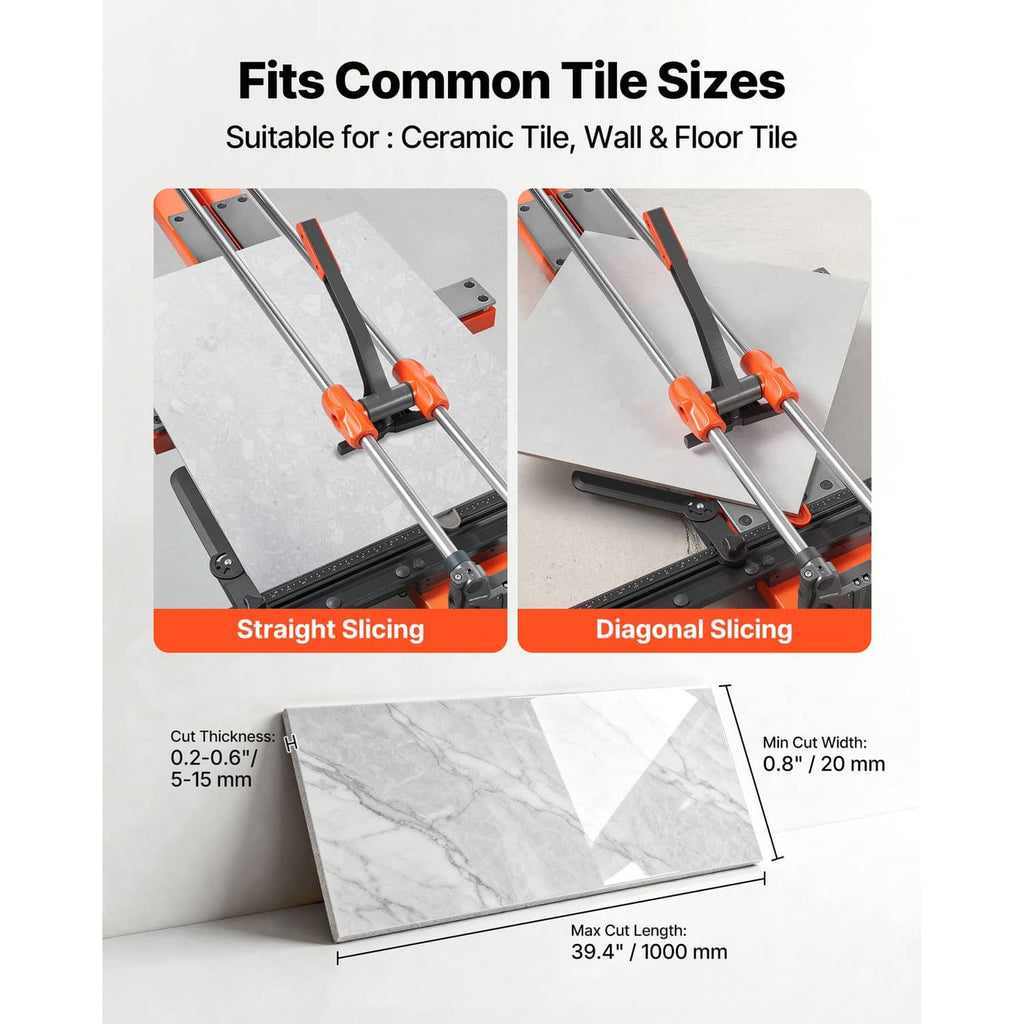 Manual tile cutter showing straight and diagonal slicing with sliding head and orange handles