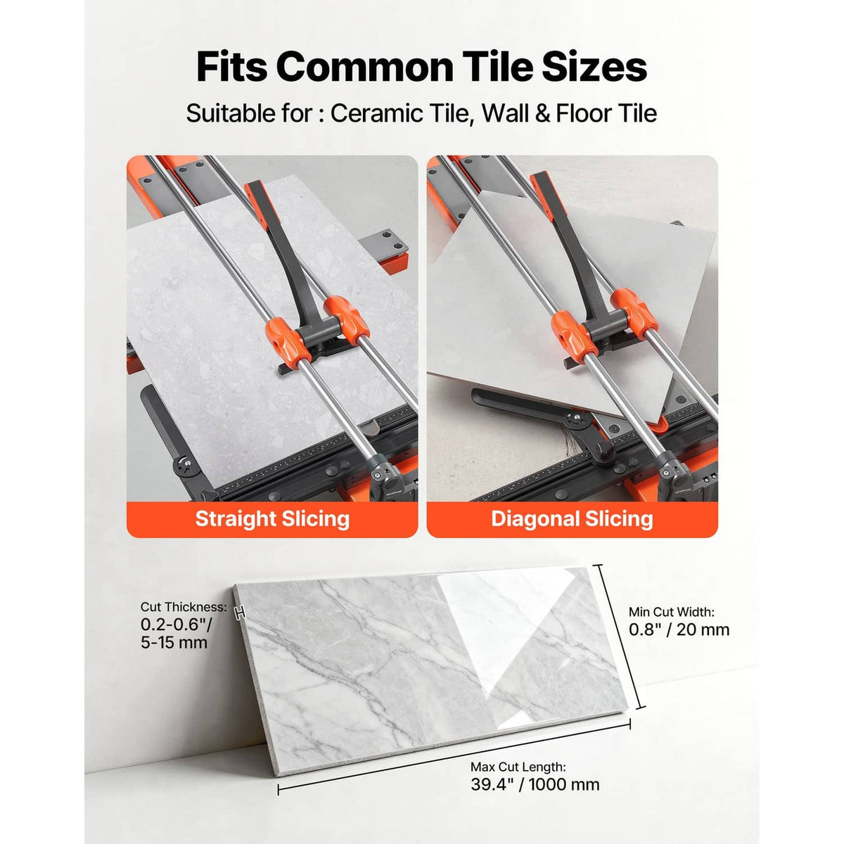Manual tile cutter showing straight and diagonal slicing with sliding head and orange handles