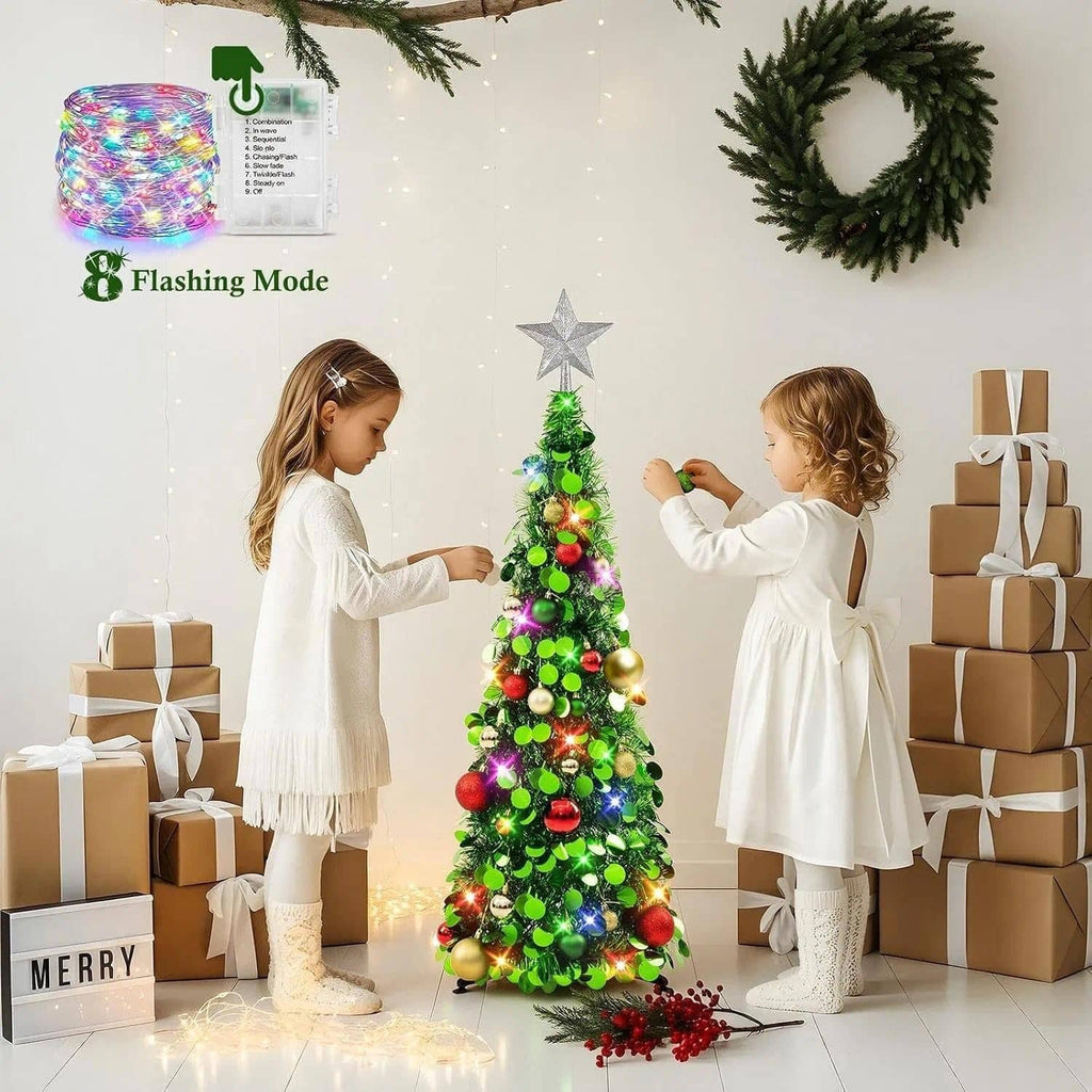 Lit 3ft tinsel Christmas tree with silver star topper, green loops, multicolor flashing LED lights