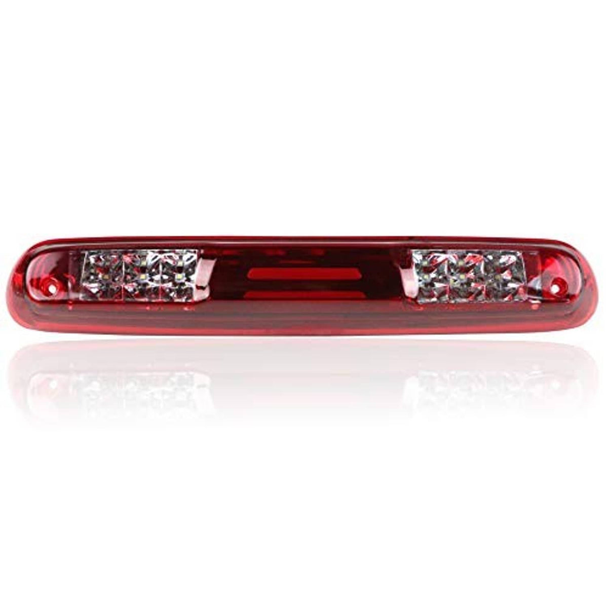 LED tail light bar with red housing and clear LED segments, chrome reflector inside