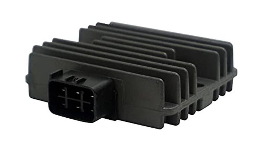 Black voltage regulator rectifier side view with multi-pin connector port