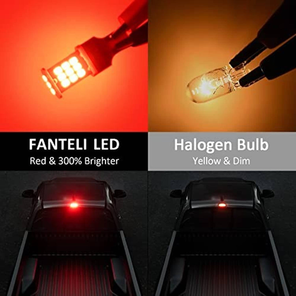 Red LED third brake light bulb with multiple white LED chips, glowing