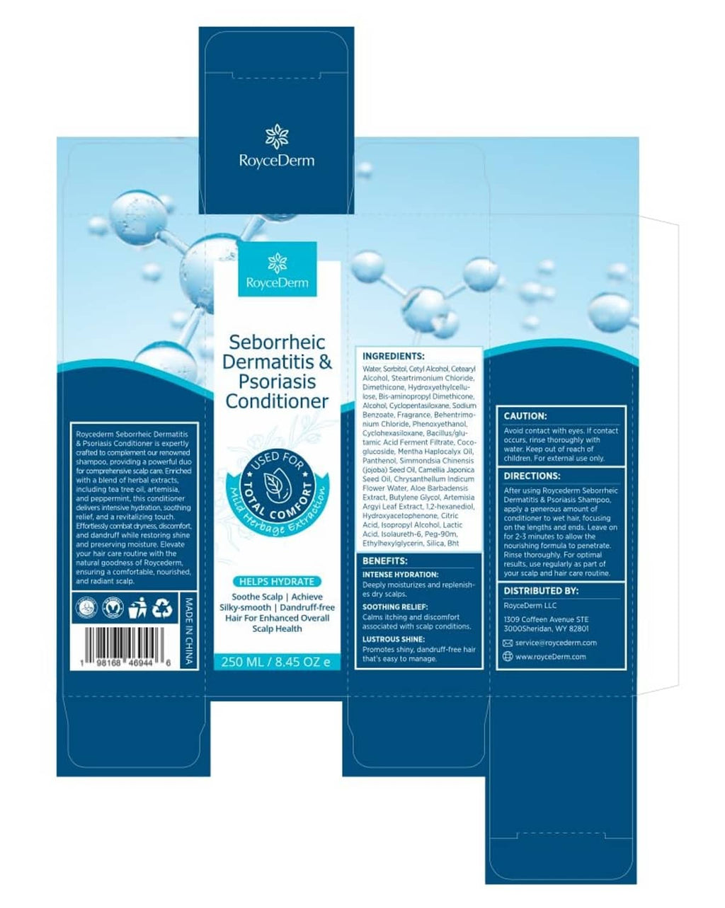 Blue-and-white conditioner packaging layout showing bottle, label, and product details