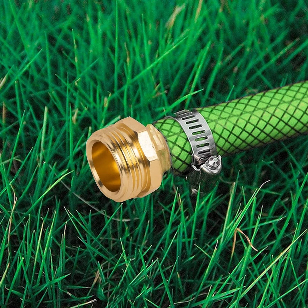 Brass/gold garden hose repair connector with metal clamp on green mesh hose