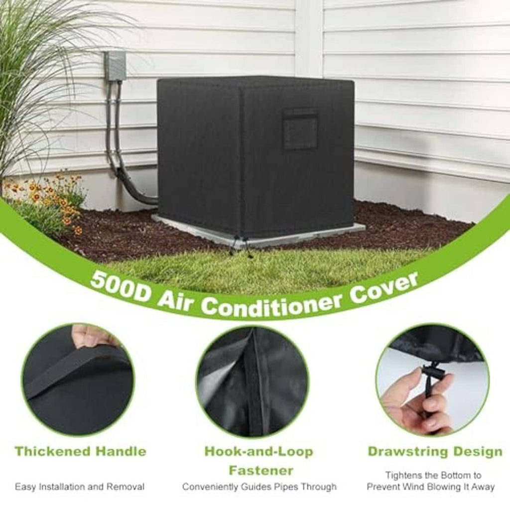 Black outdoor AC unit cover with vent opening, thick handle, and hook-loop tabs.