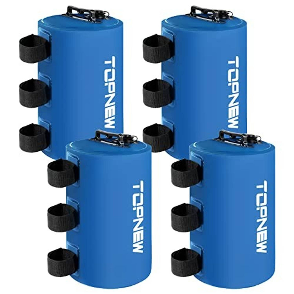 Four-pack of blue cylindrical canopy water weights with top clamp and straps