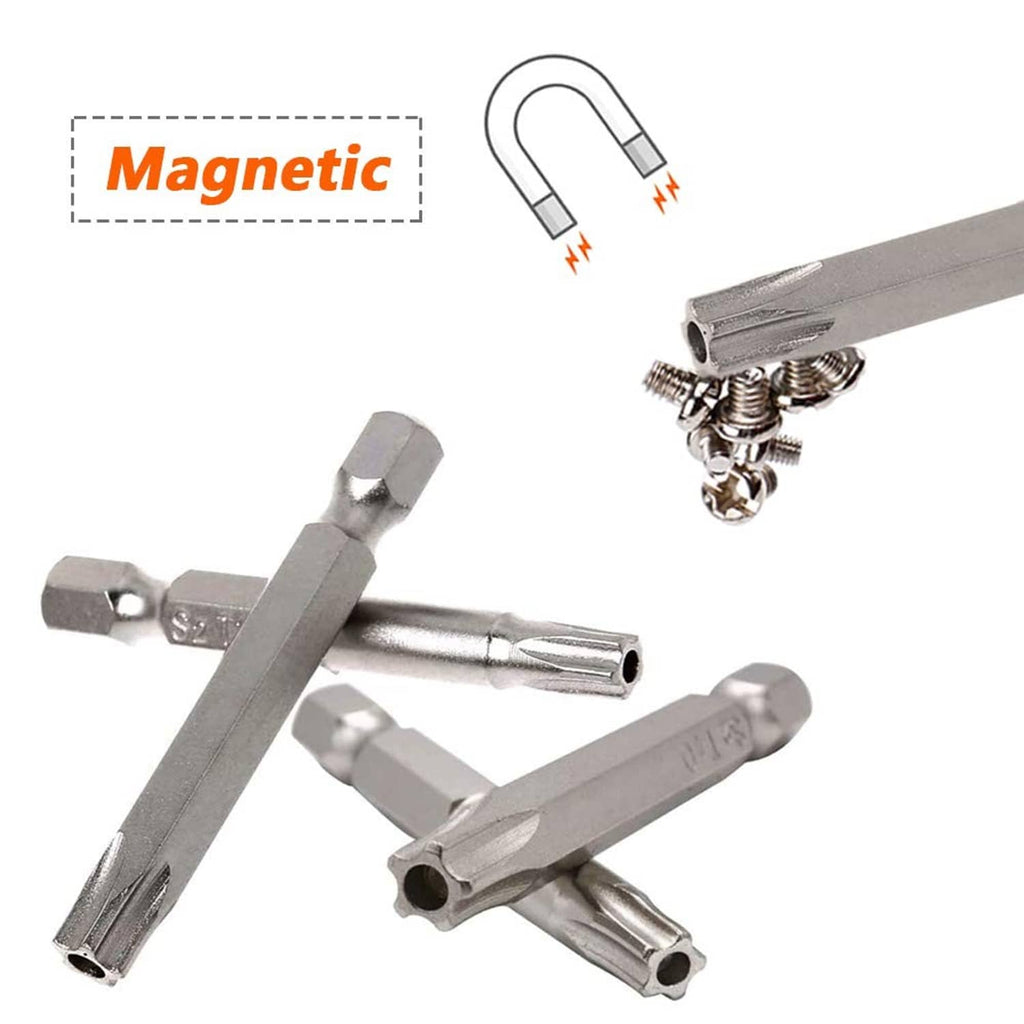 Magnetic security Torx screwdriver bits with 5-point star heads, silver metal