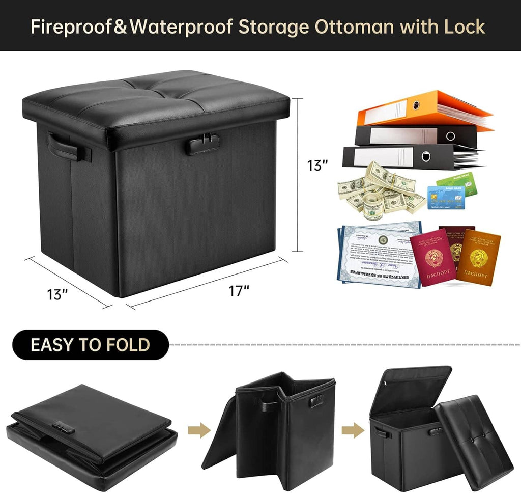 Black folding storage ottoman with padded lid and side locking latches.