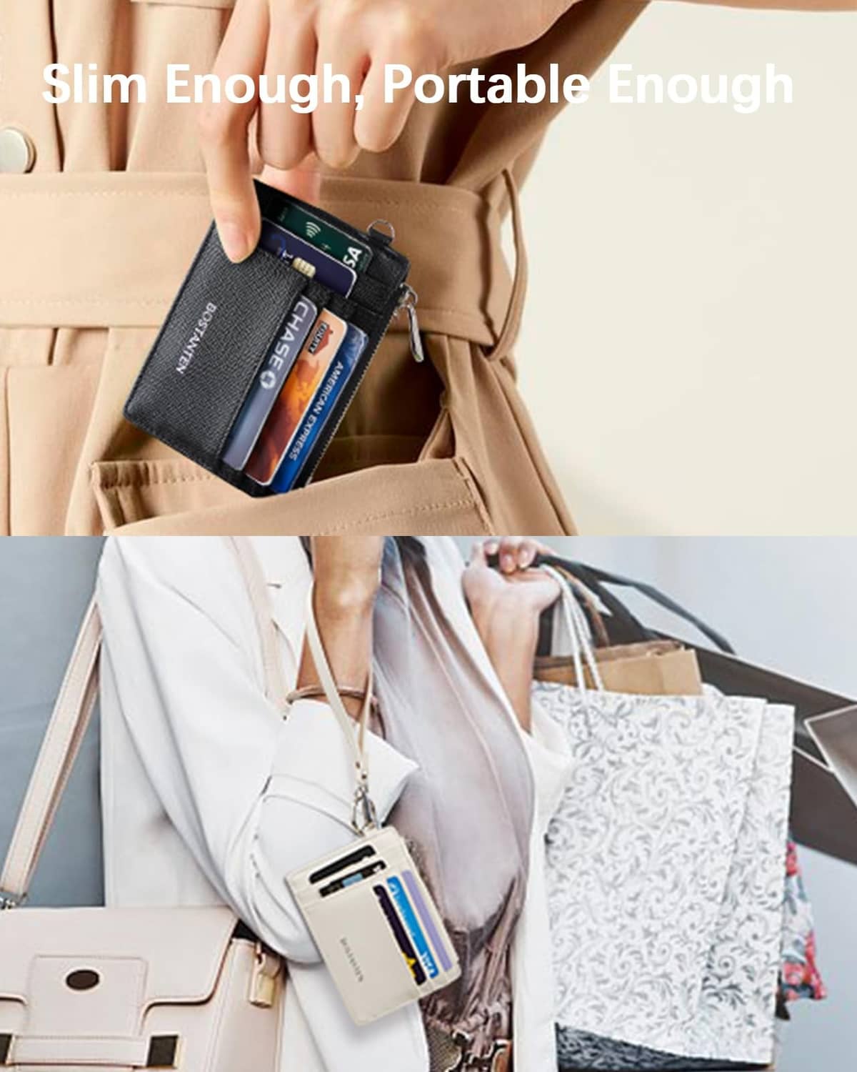 Beige slim wallet held in a pocket with multiple credit cards and key ring